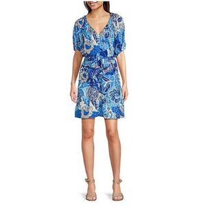 Alex Marie Womens Floral Print V-Neck Short‎ Dress With Belt Blue & White XL